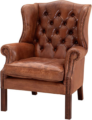 Коричневое кожаное мягкое кресло на деревянных ножках Eichholtz Chair Club Bradley