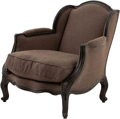 Серо-коричневое льняное мягкое кресло на черных ножках Eichholtz Chair Hillary и подставка для ног