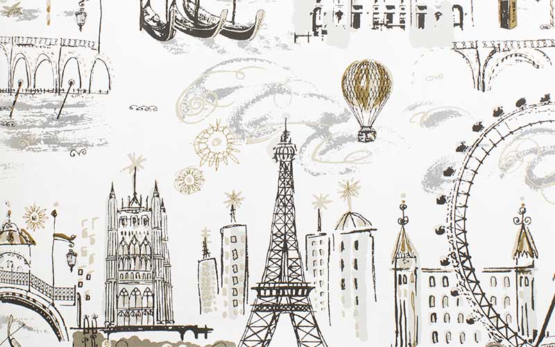 Бумажные обои York A Perfect World KI0584 с серо-белым рисунком Парижа