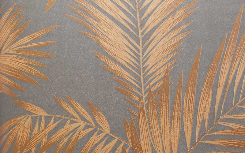 Бумажные обои Arthouse Precious Metals 673000 серые с медными листьями пальмы