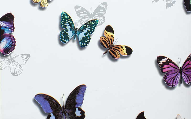 Бумажные обои Arthouse Tropics 690401 с разноцветными бабочками на белом фоне