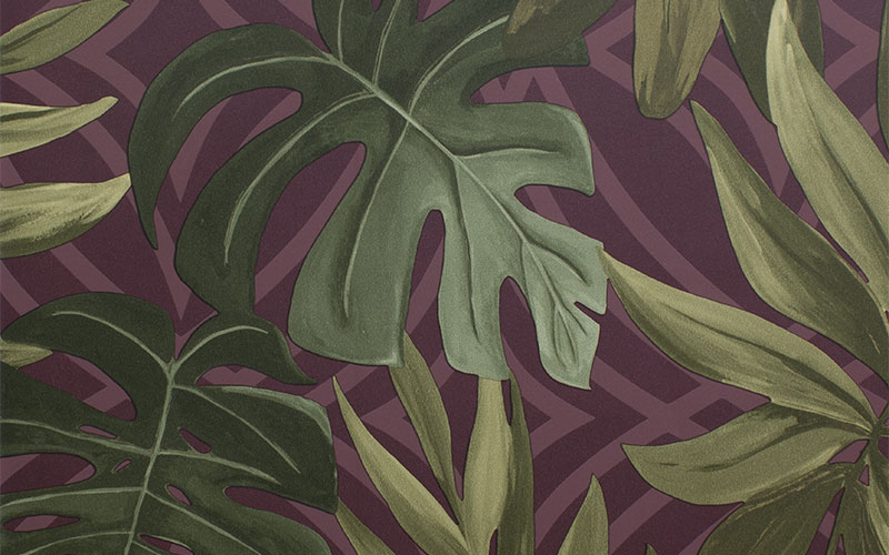 Флизелиновые обои Aura East West Style 24243 с листьями на бордовом фоне