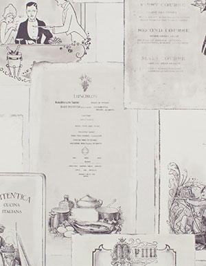 Монохромные обои для кухни с рисунком в виде меню Aura Gourmet Tour 2 G12286