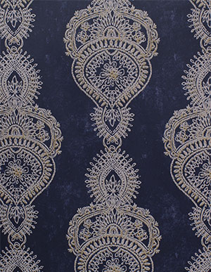 Стально-синего цвета обои с накладками из кружевных полос Aura Indo Chic G67387