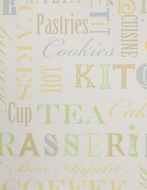 Обои для кухни цвета серый шелк с разноцветными надписями кулинарной тематики Aura Kitchen Story 3 KC28541