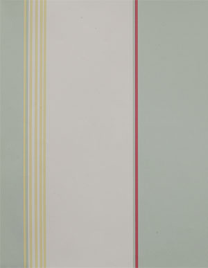 Бело-зеленоватые виниловые обои с узкими вертикальными полосками красного и желтого цветов Aura Paradise PA34214
