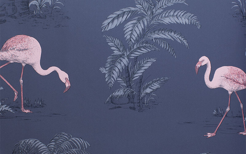 Бумажные обои Holden Imaginarium 12382 темно-синие с фламинго и пальмами