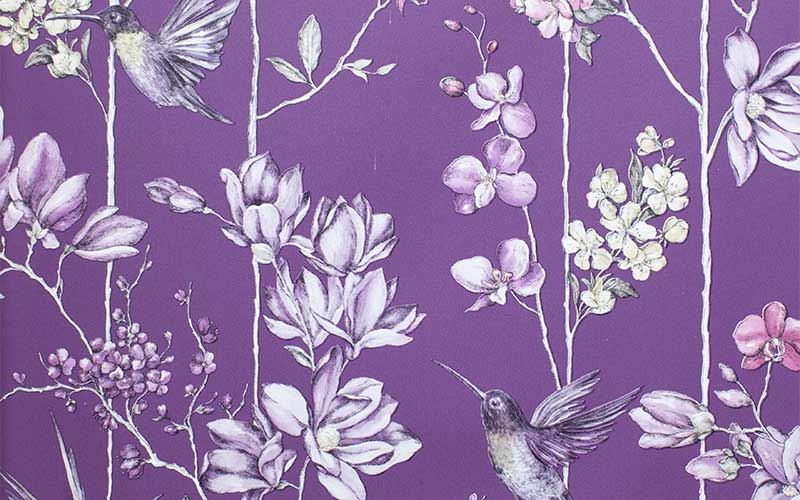 Бумажные обои Holden Imaginarium 12392 фиолетовые с птицами и цветками