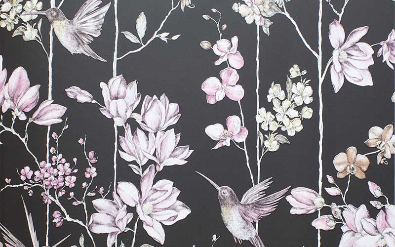 Бумажные обои Holden Imaginarium 12393 с розовыми птицами и цветами на черном фоне