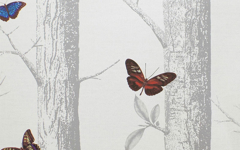 Светло-серые бумажные обои Holden The Enchanted Garden 12231 с яркими бабочками и птицами