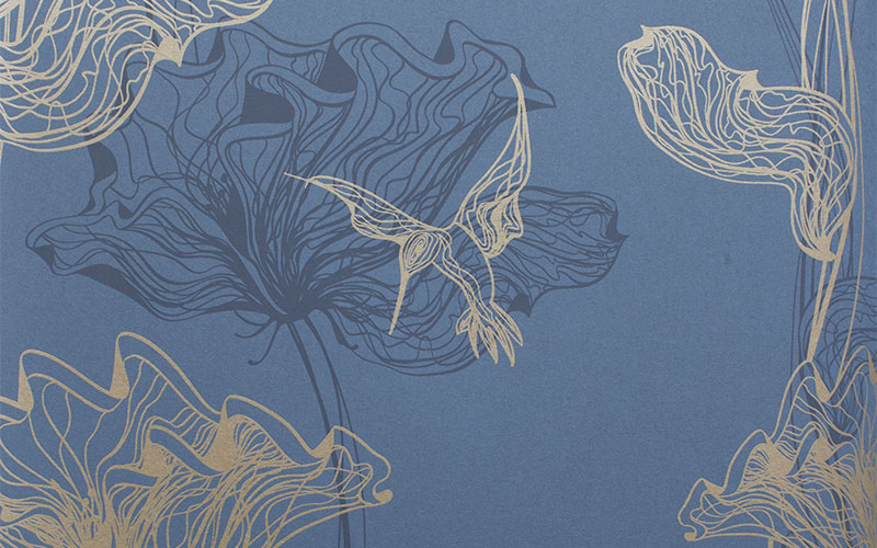Флизелиновые обои Milassa Ambient AM8 021 с цветами и колибри на матово-синем фоне